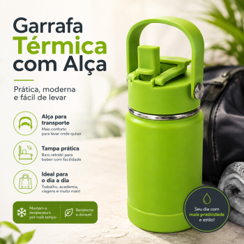 Garrafa Térmica 360 ml Portátil com Tampa Flip e Trava | Vedação Anti-Vazamento | Alça para Transporte | Ideal para Água, Academia, Escola e Dia a Dia