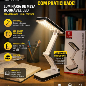 Luminária de Mesa Dobrável LED Recarregável USB Portátil para Estudo Leitura Quarto e Escritório Kapbom KA-T1711