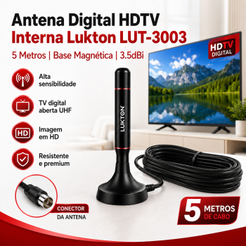 Antena Digital HDTV Interna Lukton LUT-3003 5 Metros Base Magnética 3.5dBi Alta Sensibilidade TV Digital Aberta UHF HDTV Resistente Premium**
