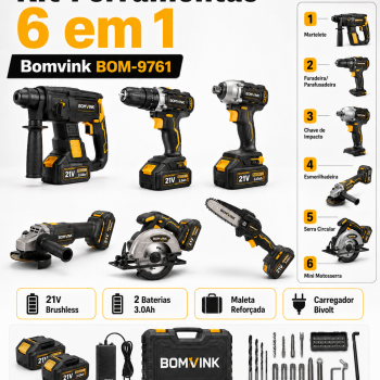 Kit Ferramentas Multifuncional 6 em 1 a Bateria 21V Brushless Profissional com 2 Baterias 3.0Ah Serra Mármore Martelete Furadeira Parafusadeira Chave de Impacto Esmerilhadeira Lixadeira Motosserra Maleta Bomvink BOM-9761