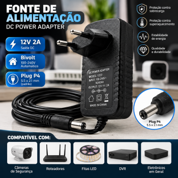 Fonte de Alimentação DC Power Adapter 12V 2A Bivolt Adaptador Energia Plug P4 Para Câmeras Roteadores Fitas LED DVR Eletrônicos Compatíveis**