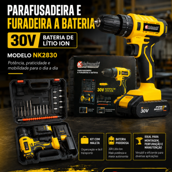 Kit Parafusadeira e Furadeira de Impacto 30V Sem Fio Profissional com 2 Baterias de Lítio Maleta Acessórios Bits Soquetes Mandril 10mm LED Carregador Bivolt Knakasaki NK2830
