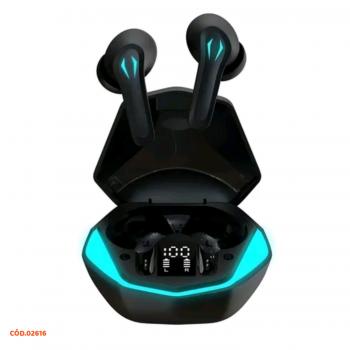 FONE DE OUVIDO IN-EAR GAMER SEM FIO KAPBOM KA7-790 PRETO COM LUZ AZUL TURQUESA LED