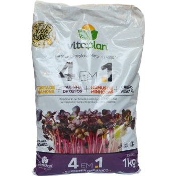 Fertilizante 4 em 1 Torta de Mamona + Farinha de Ossos + Humus de Minhocas + Carvão Vegetal Vitaplan Rf 1kg