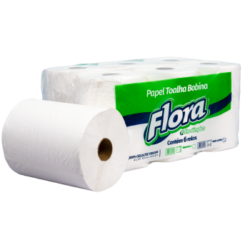 Papel Toalha Bobina Auto Corte FLORA 3,6 Kg - C/06 Rolos 100% Cel f.simples