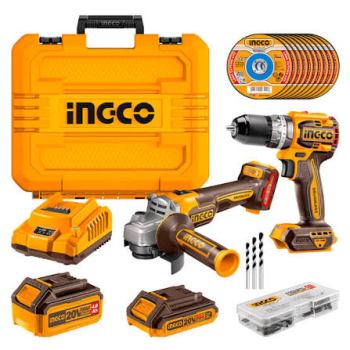 COMBO 2 PCS - PARAFUSADEIRA COM IMPUNHADURA 1/2 BL 66Nm ESMERILHADEIRA ANGULAR BL 4.1/2 A BATERIA 20V P20S C/ 2 BAT 4Ah - INGCO