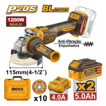 ESMERILHADEIRA ANGULAR BL INGCO 4.1/2Pol 1200W MAX 3 VEL A BAT 20V LINHA P20S C 2 BAT 5AH - INGCO