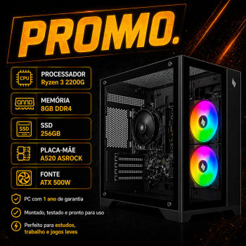 Pc Gamer Processador Ryzen 3 2200G, Placa de Video Integrada Vega 8, Memoria 8GB DDR4, SSD 256GB