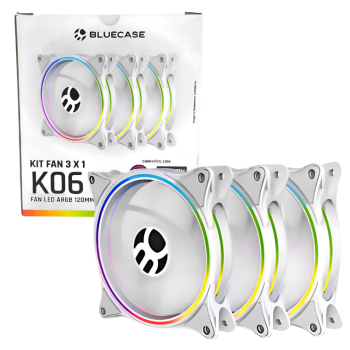 KIT 3 FANS BRANCO CONTROLAVEL K06 ARGB LED ARGB 120MM BLUECASE - BOX / CONECTOR 5V PLACA-MAE / SATA