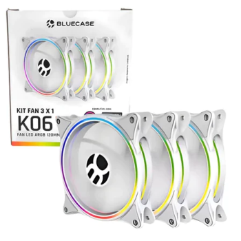 KIT 3 FANS BRANCO CONTROLAVEL K06ARGB LED ARGB 120MM BLUECASE - BOX / CONECTOR 5V PLACA-MAE / SATA