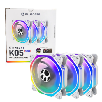 KIT 3 FANS BRANCO CONTROLAVEL K05 ARGB LED ARGB 120MM BLUECASE - BOX / CONECTOR 5V PLACA-MAE / SATA