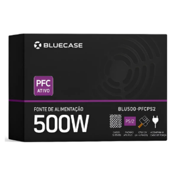 FONTE DE ALIMENTACAO ATX PS/2 500W PFC ATIVO C/CABO C/CAIXA (BLU500-PFCPS2) - BLUECASE - BIVOLT AUTO / PRETO REF 8263