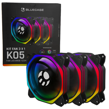 KIT 3 FANS PRETO CONTROLAVEL K05ARGB LED ARGB 120MM BLUECASE - BOX / CONECTOR 5V PLACA-MAE / SATA