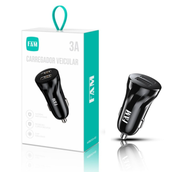 CARREGADOR FONTE USB 5V VEICULAR 2USB 3A FAM FCA-V321