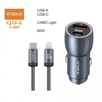 CARREGADOR VEICULAR USBA USBC 5V 9V CABO IPHONE 60W AGOLD CJ13-2