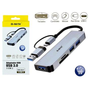 ADAPTADOR HUB USB A USB C 3.0 EXTENSOR 4 PORTAS USB A COM LEITOR CARTOES BMAX BM-8641