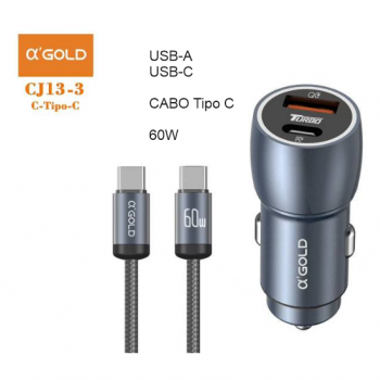 CARREGADOR VEICULAR USBA USBC 5V 9V CABO TIPO C 60W AGOLD CJ13-3