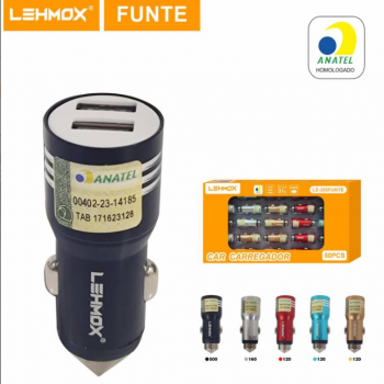 CARREGADOR FONTE USB 5V VEICULAR 2USB LEHMOX LE-355