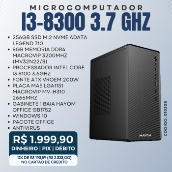MICROCOMPUTADOR INTEL CORE I3 8100 3.6GHZ/8GB DDR4 3200MHZ/256GB SSD M.2 ADATA/200W/WINDOWS 10