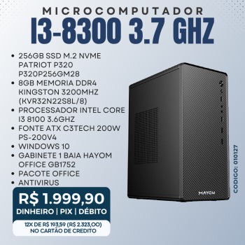 MICROCOMPUTADOR INTEL CORE I3 8100 3.6GHZ/8GB DDR4 3200MHZ/256GB SSD M.2/200W/WINDOWS 10