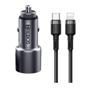 Carregador Veicular Premium Hrebos CRV-203CI, USB-C, Potência Combinada 60W Turbo, Inclui cabo de 1 metro Cinza