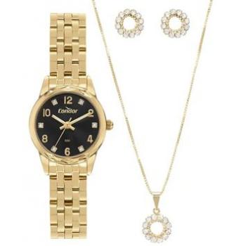 Kit Relógio Condor Feminino Mini Dourado - Co2035npj/k4p Fundo Preto