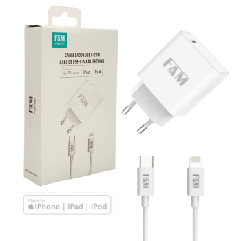 Kit Carregador USB-C + Cabo Lightning 20W Certificado MFI - FAM - FKT-M203