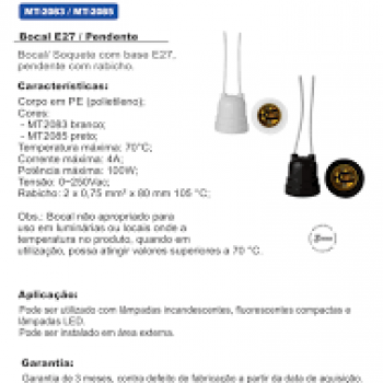 BOCAL BASE E27, PLASTICO, TIPO PENDENTE C/ RABICHO, 4A/0250V, COR BRANCO, (BL 1UN)
