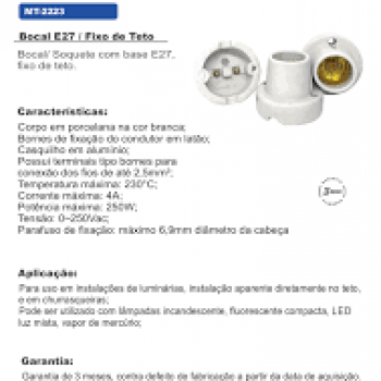 BOCAL BASE E27, PORCELANA, TIPO FIXO DE TETO, 4A/0250V, COR BRANCO, (BL 1UN)
