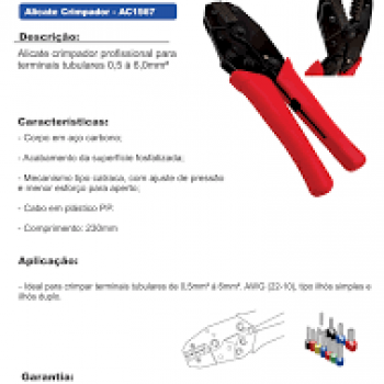 ALICATE CRIMPADOR PROFISSIONAL, EM ACO, 0.5-6MM2, TERMINAL TUBULAR, COR VERMELHO, (BL 1UN)