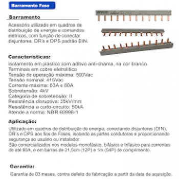 BARRAMENTO DE FASE, COBRE, 3P 63A 500V 21,5CM, 12 PINOS, COR BRANCO, (1UN)