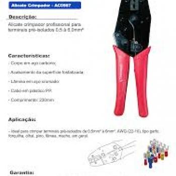 ALICATE CRIMPADOR PROFISSIONAL, EM ACO, 0.5-6MM2, TERMINAL PRE-ISOLADO, COR VERMELHO,