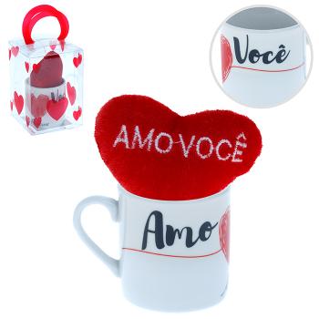 MINI CANECA CERAM COM CORACAO PELUCIA 10CM