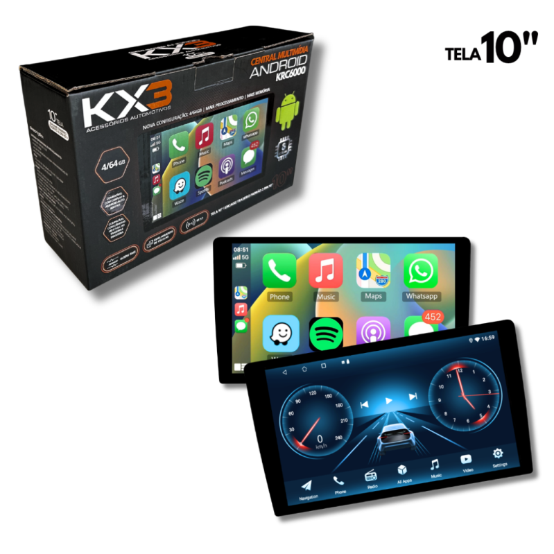 MULTIMIDIA ANDROID 10" KX3, 4GB RAM 64GB MEMORIA, CP/AA SEM FIO