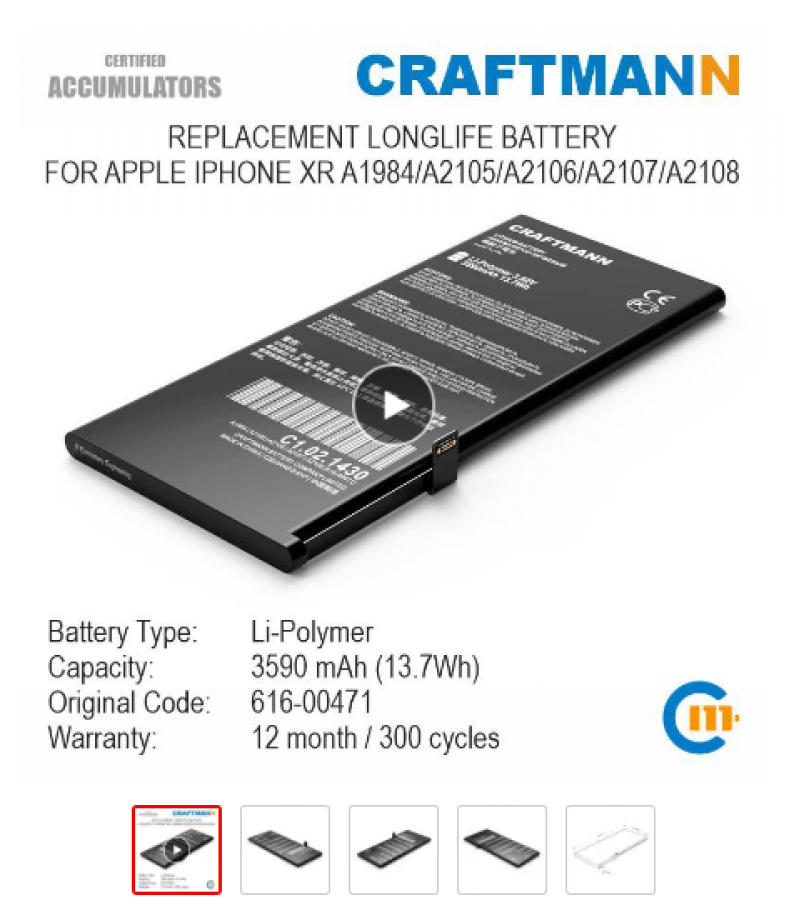 BATERIA IPHONE XR | 3590MAH | CRAFTMANN PREMIUM - PEÇAS ATACADO