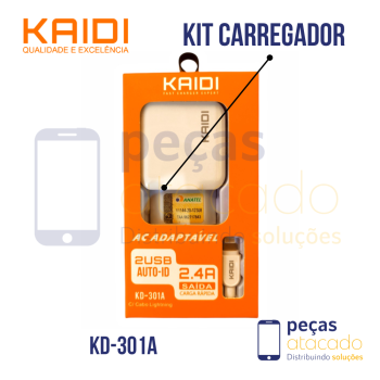 KIT CARREGADOR KAIDI 2 SAIDAS USB | USB PARA LIGHTNING (KD-301A)