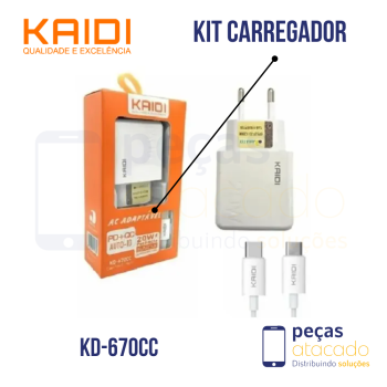 KIT CARREGADOR KAIDI 2 SAIDAS USB E TIPO C | TIPO C PARA TIPO C 20W (KD-670CC)