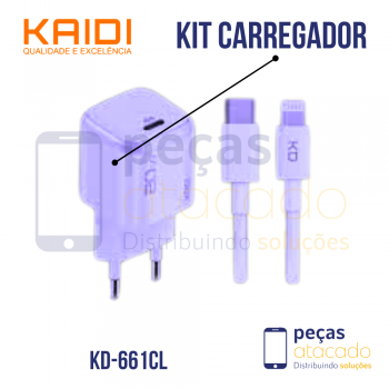 KIT CARREGADOR KAIDI USB C / LIGHTNING 20W GAN (KD-661CL)
