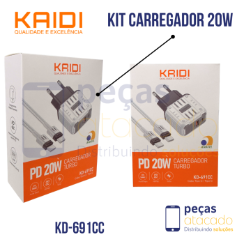 KIT CARREGADOR KAIDI USB + C | TIPO C PARA TIPO C 20W  (KD-691CC)