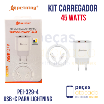 KIT CARREGADOR PEINING DUAS SAIDAS USB+C  PARA IP LIGHTNING  45W (PEI-329-4)