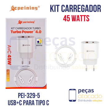 KIT CARREGADOR PEINING DUAS SAIDAS USB+C  PARA TIPO C 45W (PEI-329-5)