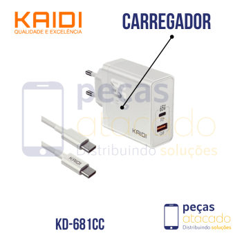 KIT CARREGADOR KAIDI USB PARA TIPO C 65W (KD-681CC)