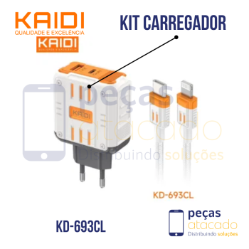 KIT CARREGADOR KAIDI USB +TIPO C | LIGHTNING 65W (KD-693CL)