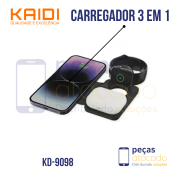 CARREGADOR INDUTIVO KAIDI 15W 3 EM 1 KD-9098