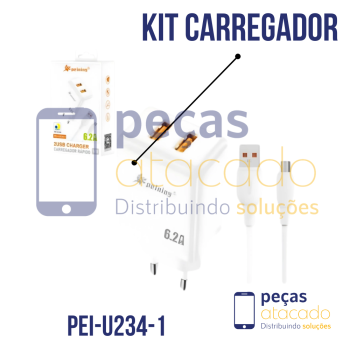 KIT CARREGADOR PEINING DUAS SAIDAS USB MICRO USB V8 6.2A PEI-U234-1