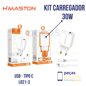 KIT CARREGADOR (H MASTON) USB PARA TIPO C 30W (LR21-3)