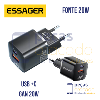 FONTE ESSAGER USB + C 20W GAN QC 3.0 PRETA