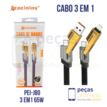 CABO PEINING 3 EM 1 USB + TIPO C + LIGHTNING 65W REFORÇADO (PEI-J80)