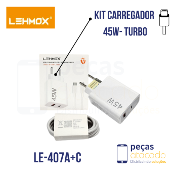 KIT CARREGADOR LEHMOX DUAS SAIDAS USB+C  PARA TIPO C 45W (LE-407 A+C)