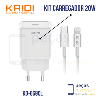 KIT CARREGADOR KAIDI USB C / TIPO C 20W (KD-669CL)